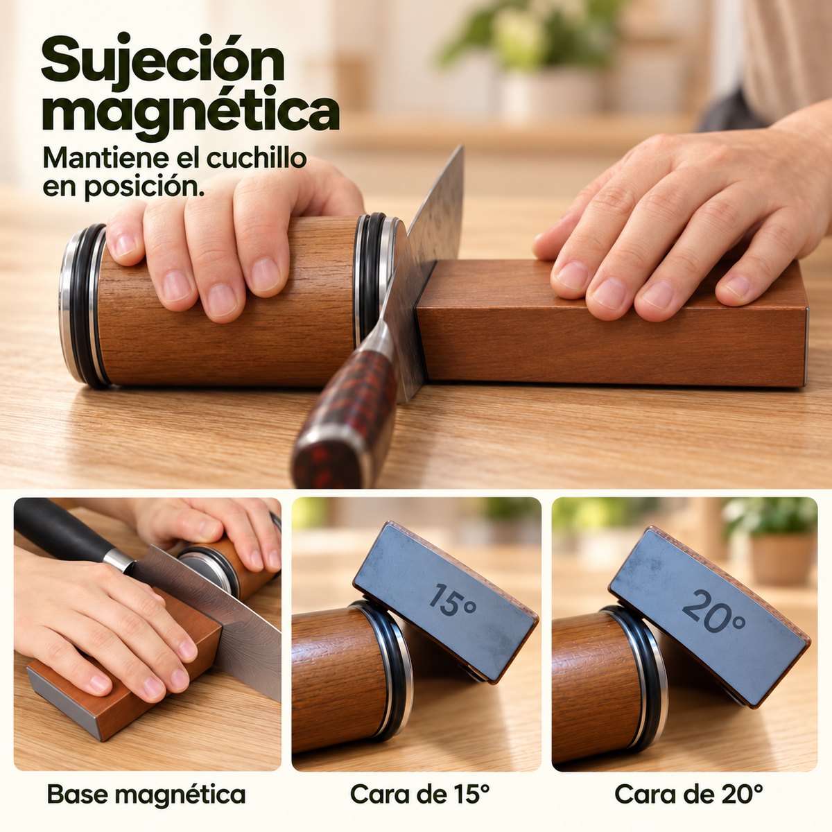 Afilador rodante magnético marrón en una cocina